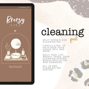 Puede incluir: Un planificador digital con el texto "Breezy Life" y una ilustración de acuarela de un baño. Las palabras "cleaning pal" se muestran junto a una lista de características, incluidas tareas diarias y semanales.