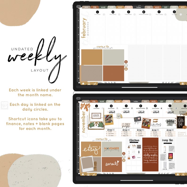 May include: A digital planner with a weekly layout. The planner is open to November and shows a calendar with daily circles, a section for notes, and a section for finance. The planner is designed with a cozy, autumnal theme and features images of leaves, pumpkins, and other fall-themed elements.