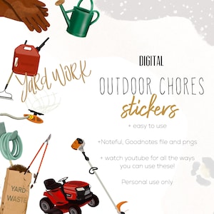 May include: Digital outdoor chores stickers with illustrations of gardening tools, including a red lawnmower, green watering can, and a bag of yard waste. The text reads "Yard Work" and "Outdoor Chores Stickers".
