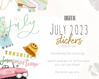 July 2023 digital stickers | summer goodnotes modern stickers, digital minimalist stickers