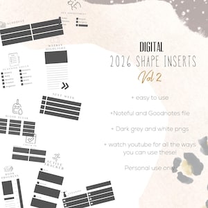 May include: Digital 2026 shape inserts Vol 2 planner elements in dark grey and white. Includes sections for schedule, pet appointment, planning focus, weekly highlight, next week, blood sugar, check in, active tracker, book progress, and cleaning.