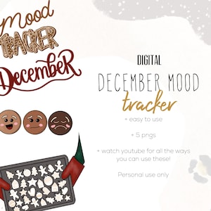May include: Digital December mood tracker with gingerbread man faces representing different moods. Includes a tray of Christmas cookie shapes and the text "December Mood Tracker".
