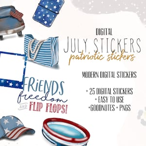 July Digital Stickers for Goodnotes, summer modern minimalist digital stickers for digital planners | Patriotic digital stickers