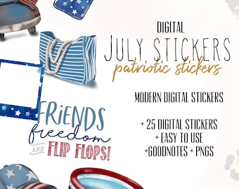Autocollants numériques de juillet pour Goodnotes, autocollants numériques minimalistes modernes d'été pour les planificateurs numériques | Autocollants numériques patriotiques