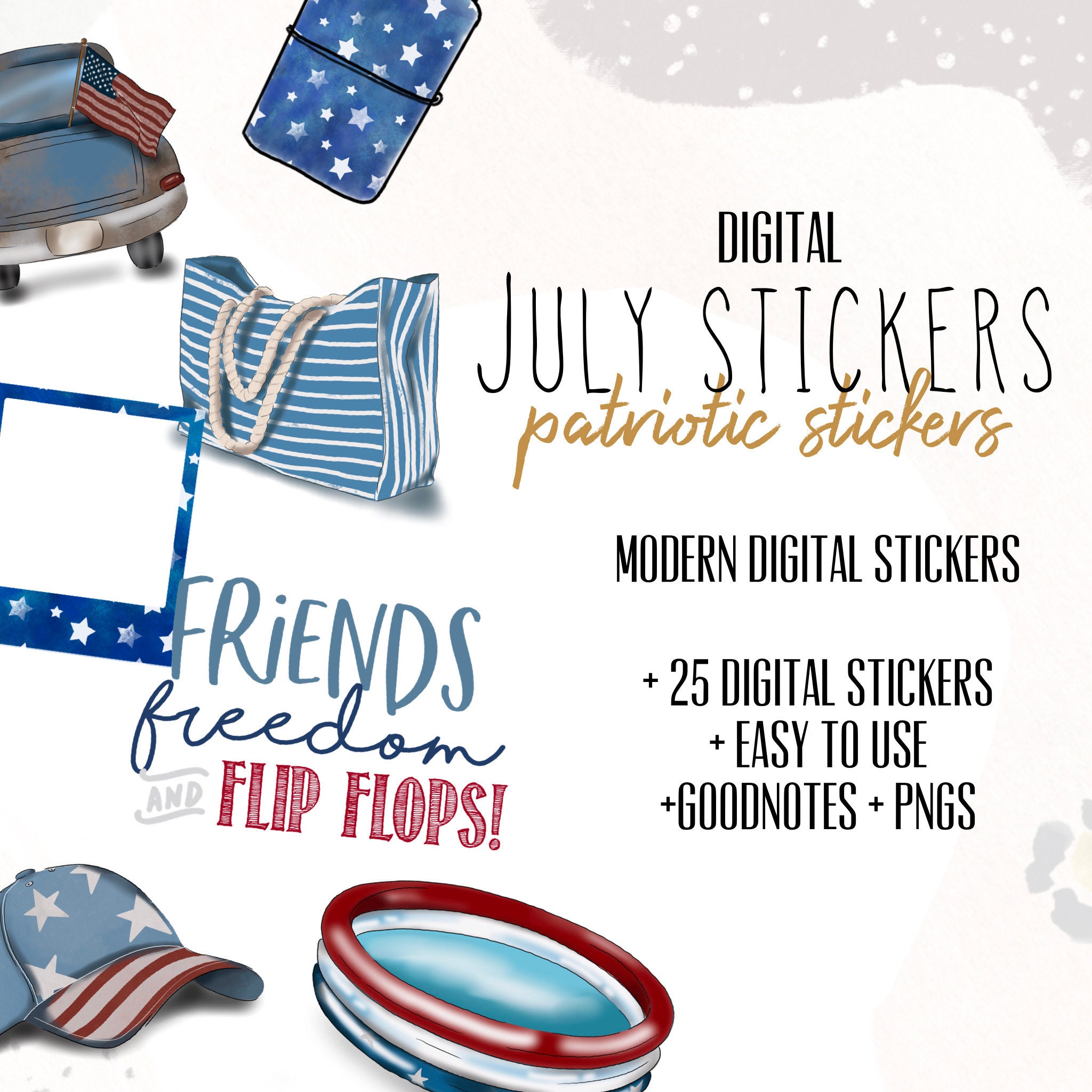 July Digital Stickers for Goodnotes, summer modern minimalist digital…