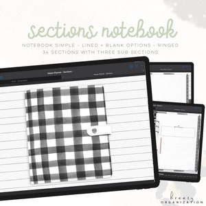 Puede incluir: Una maqueta digital de una cubierta de cuaderno de cuadros negros y blancos. El cuaderno está abierto en una página con papel rayado. El texto "Notes Planner - Sections" es visible en la parte superior de la página. El texto "sections notebook" es visible en la parte superior de la imagen. El texto "NOTEBOOK SIMPLE LINED BLANK OPTIONS RINGED" es visible debajo del título. El texto "34 SECTIONS WITH THREE SUB SECTIONS" es visible debajo del texto anterior. El texto "Breezy Organization" es visible en la parte inferior de la imagen.