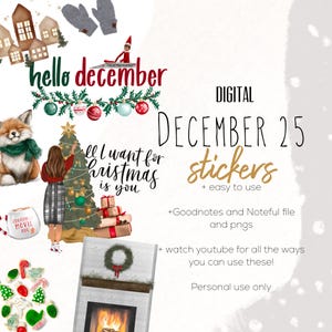 May include: Digital Christmas-themed stickers with illustrations of a fox, Christmas tree, fireplace, and gingerbread cookies. Text includes "hello december", "December 25 stickers", and "All I want for Christmas is you".