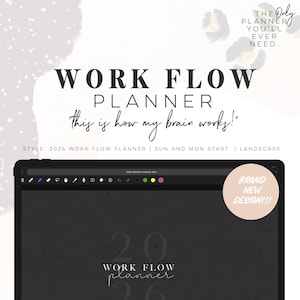 May include: Digital work flow planner with the text "WORK FLOW PLANNER" and "this is how my brain works!". The planner is displayed on a tablet with a "BRAND NEW DESIGN!!!" sticker. The style is 2026 Work Flow Planner, Sun and Mon start, and landscape.