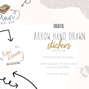 Puede incluir: Pegatinas digitales de flechas dibujadas a mano para planificadores y toma de notas. Las pegatinas son fáciles de usar y vienen con un archivo Goodnotes y png. El texto "Digital Arrow Hand Drawn Stickers" está en negro, y el texto "+ easy to use" está en dorado. El texto "+Goodnotes file and pngs" está en negro. El texto "+ watch youtube for all the ways you can use these!" está en negro. El texto "Personal use only" está en negro.