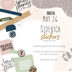 Puede incluir: Pegatinas digitales Sidekick con varios diseños y el texto "Spring Cleaning", "Packages Arriving" y "Smell the flowers". Incluye la fecha "May 26" y el texto "easy to use". Las pegatinas son para uso personal.