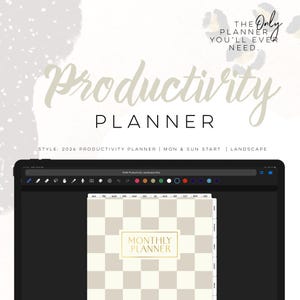 May include: A digital productivity planner displayed on a tablet. The planner features a beige and white checkered pattern with the words "MONTHLY PLANNER" in a gold frame. The text "Productivity PLANNER" is written in a stylish font.