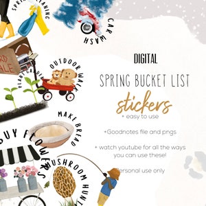 May include: Digital stickers for a spring bucket list. The stickers feature illustrations of activities like planting a garden, going for a walk, making bread, buying flowers, and mushroom hunting. The text "SPRING BUCKET LIST stickers" is written in gold lettering.
