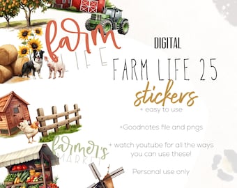 Farm Life 25 Stickers for Goodnotes | Animal digital modern stickers