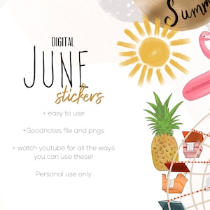 Może przedstawiać: Cyfrowe naklejki na czerwiec z żółtym słońcem, ananasem, diabelskim młynem i różowym flamingiem. Tekst "DIGITAL JUNE stickers" jest napisany czarnym kolorem na białym tle. Tekst "+ easy to use" jest napisany czarnym kolorem na białym tle. Tekst "+Goodnotes file and pngs" jest napisany czarnym kolorem na białym tle. Tekst "+ watch youtube for all the ways you can use these!" jest napisany czarnym kolorem na białym tle. Tekst "Personal use only" jest napisany czarnym kolorem na białym tle.