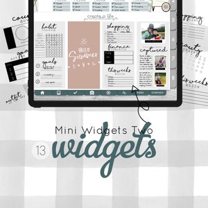 May include: A digital tablet displaying a screen with 13 different digital planner widgets. The widgets are organized into categories such as "habit tracking", "goals", "shopping list", "finance check-in", "this week's bills", and "captured moments". The screen also includes a "create a life" header and a "hello summer" graphic.