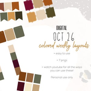 May include: A digital set of colored weekly layouts featuring various shapes like flags, labels, and rectangular strips in shades of brown, beige, olive green, and burgundy. The text reads DIGITAL OCT 26 colored weekly layouts + easy to use + 7 pngs.