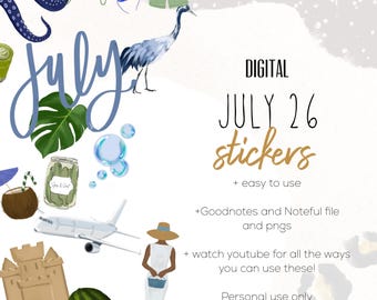 July 26 digital stickers | goodnotes and noteful stickers | modern stickers | digital Summer stickers | Fun Travel stickers