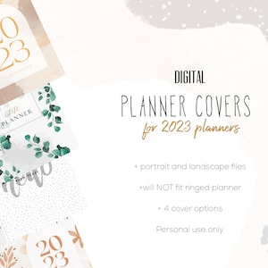 May include: Digital planner covers for 2023 planners. The covers feature a variety of designs, including a watercolor eucalyptus wreath, a gold foil 2023, and a minimalist design with the text "Life Planner".