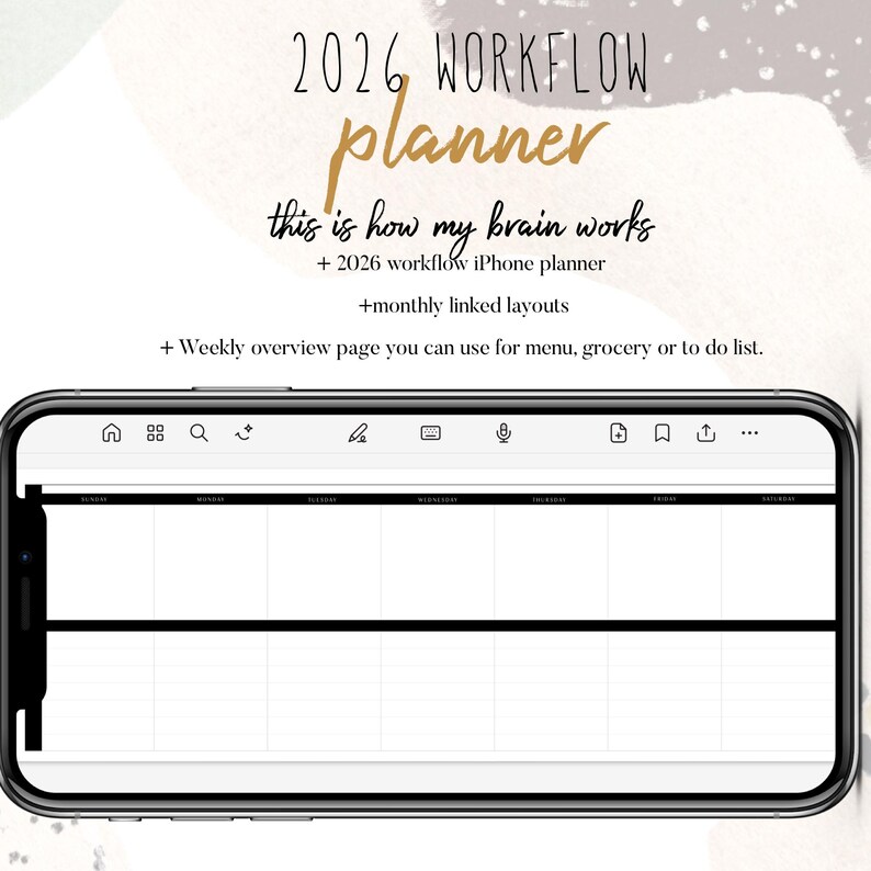 May include: A smartphone displaying a digital planner interface. The screen shows a weekly layout with days of the week across the top and blank spaces for entries. The text at the top reads "2026 Workflow Planner". Additional text includes "this is how my brain works".