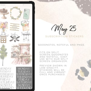 May include: Digital subscription stickers for GoodNotes, Noteful, and PNGs. The image shows various watercolor illustrations, including a cake, flowers, and a kitchen scene. Text includes "May 25" and daily/weekend labels. The stickers are designed for split-screen use.