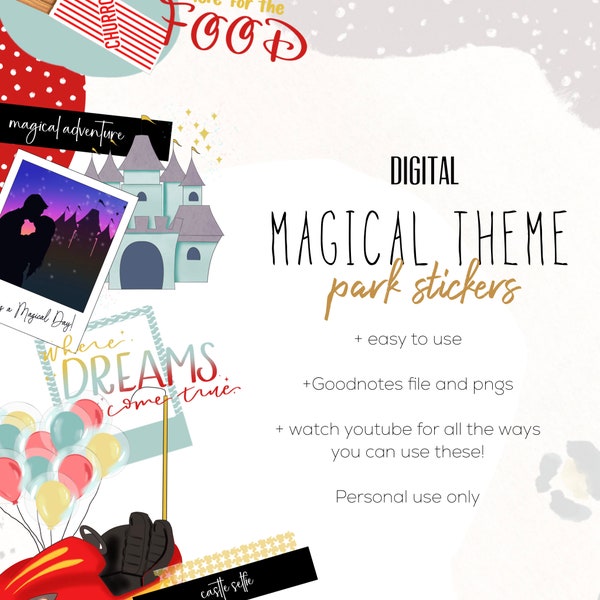 Magical kingdom Stickers for Goodnotes, Summer fun digital stickers for digital planners, Planner png digital stickers, theme park, vacation