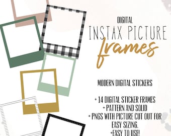 Könnte beinhalten: Ein Set mit 14 digitalen Instax-Bilderrahmen in verschiedenen Farben und Mustern, darunter schwarz-weiß kariert, gepunktet und gestreift. Die Rahmen sind für einfache Größenanpassung und Verwendung konzipiert.