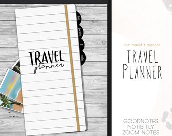 May include: A digital planner for travel with tabs for trip, packing, money, and notes. The planner is designed for Goodnotes, Notability, Zoom Notes, and more. The planner is minimalist and modern with a white background and black text.