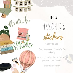 May include: Digital stickers with a spring theme, featuring a pink espresso machine, a hot air balloon, and stacks of books. The text includes "March 26 stickers" and "Book Club."