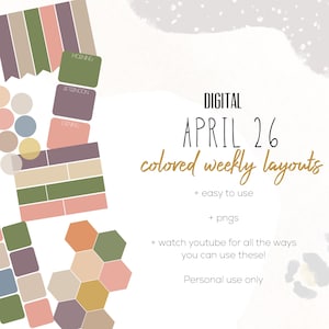 May include: Digital planner elements in pastel colors, including circles, hexagons, and rectangular blocks. Text reads "DIGITAL APRIL 26 colored weekly layouts" with additional text about ease of use and PNG files.