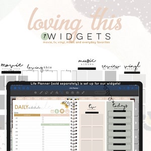 May include: A digital planner with a daily schedule, a to-do list, and a section for tracking TV shows. The planner is designed to be used with widgets, which are sold separately. The planner has a neutral color scheme with black, white, and gray accents.
