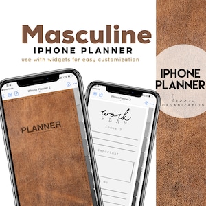 May include: A digital phone screen displaying a brown leather-textured planner app with the text "PLANNER" on the cover. The app is open to a page with the text "work PLAN focus 3" and a section for "important" tasks. The phone is on a brown leather background.