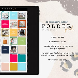 Puede incluir: Una pantalla de tableta digital que muestra una cuadrícula colorida de carpetas con varias etiquetas, como "recetas", "libros y podcasts", "fiesta" y "ministerio". El texto "FOLDER pal. SPLITSCREEN" se muestra en la parte superior de la pantalla. El texto "AN ORGANIZER'S DREAM!" se muestra encima del texto "FOLDER pal."