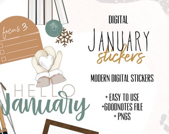 January digital stickers | new year January goodnotes modern stickers, digital winter stickers