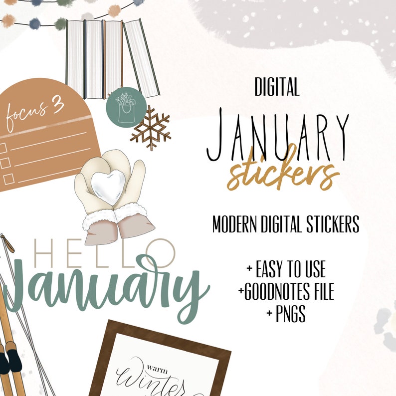 January digital stickers new year January goodnotes modern stickers, digital winter stickers image 1