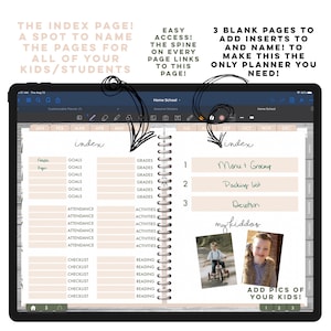 Op de afbeelding: Een beige planner met een witte houtnerf achtergrond. De planner heeft een zwarte spiraalbinding en een gelabeld indexblad met het woord "index" in het groen geschreven. Het indexblad heeft categorie&euml;n voor doelen, cijfers, aanwezigheid, activiteiten, checklist en lezen. De planner heeft ook een pagina met de woorden "Menu + Boodschappen", "Paklijst" en "Devotie" in het groen geschreven. Er is een foto van twee kinderen op de pagina met de woorden "mijn kindjes" in het groen geschreven. De pagina heeft ook de woorden "FOTO'S VAN JE KINDEREN TOEVOEGEN!" in het groen geschreven met de nummers 1, 2 en 3 eronder.