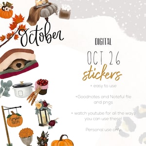 May include: Digital sticker set featuring autumn-themed illustrations including an orange pumpkin, a cosy animal under a blanket, a slow cooker, a lantern with flowers, and a pumpkin patch sign. Text reads October, DIGITAL OCT 26 stickers, and more.
