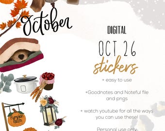 October 2026 digital stickers | Fall goodnotes modern stickers, digital minimalist stickers