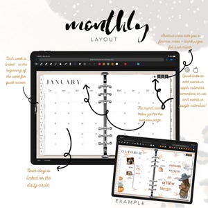 May include: Digital planner showing a monthly layout, with a January calendar and an October example. The planner includes quick links, finance notes, and daily and weekly access. The text says "monthly layout" and "example".