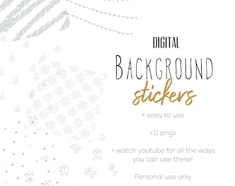 May include: Digital background stickers for use in digital planners or other digital projects. The set includes 11 PNG files with various winter-themed designs, including snowflakes, gingerbread people, and Christmas lights.
