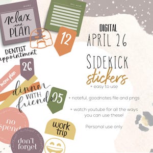 Pegatinas Sidekick de abril de 2026 / pegatinas modernas de Goodnotes y Noteful, pegatinas digitales Sidekick de primavera