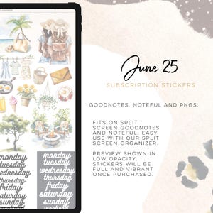May include: Digital planner stickers displayed on a tablet. The stickers include beach scenes, travel illustrations, and daily calendar labels. The text reads "June 25" and "Subscription Stickers."
