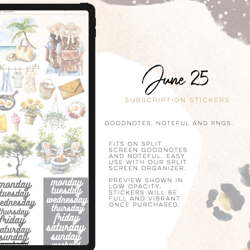 May include: Digital planner stickers displayed on a tablet. The stickers include beach scenes, travel illustrations, and daily calendar labels. The text reads "June 25" and "Subscription Stickers."