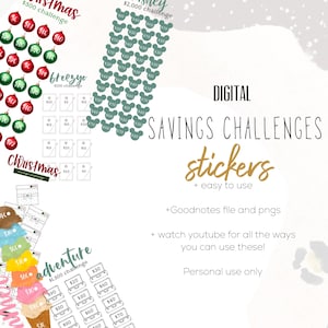 May include: Digital stickers for savings challenges. The stickers feature various themes, including Christmas, adventure, and Disney. The stickers are designed for use with Goodnotes and include a YouTube link for instructions.