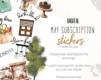 May include: Digital May subscription stickers with various illustrations, including a cake, flowers, and kitchen scene. The text includes "easy to use", "Goodnotes and Noteful file and pngs", and "Personal use only".