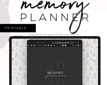 May include: A digital memory planner displayed on a tablet. The planner's cover is dark gray with the numbers "20" and "26" and the words "Memory Planner." The word "PRINTABLE" is in a black rectangle. The text "A SNAPSHOT OF EACH DAY OF THE MONTH!" is also visible.