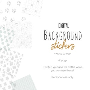 May include: Digital background stickers for use in digital planners or other digital projects. The set includes 7 PNG files with different patterns, including a clover pattern, a flower pattern, a speckled pattern, and a hand-drawn pattern.