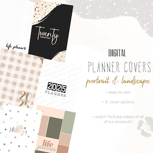 May include: Digital planner covers in portrait and landscape formats. The image shows several planner cover designs, including a black cover with gold text and a beige checkered pattern. Text includes "2025 Planner" and "life planner".