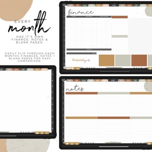 May include: A digital planner with a monthly calendar layout for tracking finances, notes, and goals. The planner has a brown and beige color scheme with the words "finance" and "notes" at the top of each page. The planner is designed for easy comparison of monthly finances.