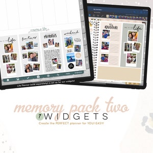 Könnte beinhalten: Ein digitaler Planer auf einem Tablet-Bildschirm mit sieben Foto-Widgets. Die Widgets sind mit "life", "funtimes", "memories", "weekend", "the adventure", "day in the" und "life" beschriftet. Die Widgets sind so konzipiert, dass sie Fotos aufnehmen und ein visuelles Erinnerungsjournal erstellen können.