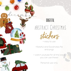 Könnte beinhalten: Digitale abstrakte Weihnachtsaufkleber mit verschiedenen festlichen Illustrationen, darunter ein Lebkuchenmann, der Weihnachtsmann, ein Schneemann und eine Schneekugel. Das Bild enthält auch den Text "DIGITAL ABSTRACT CHRISTMAS stickers".